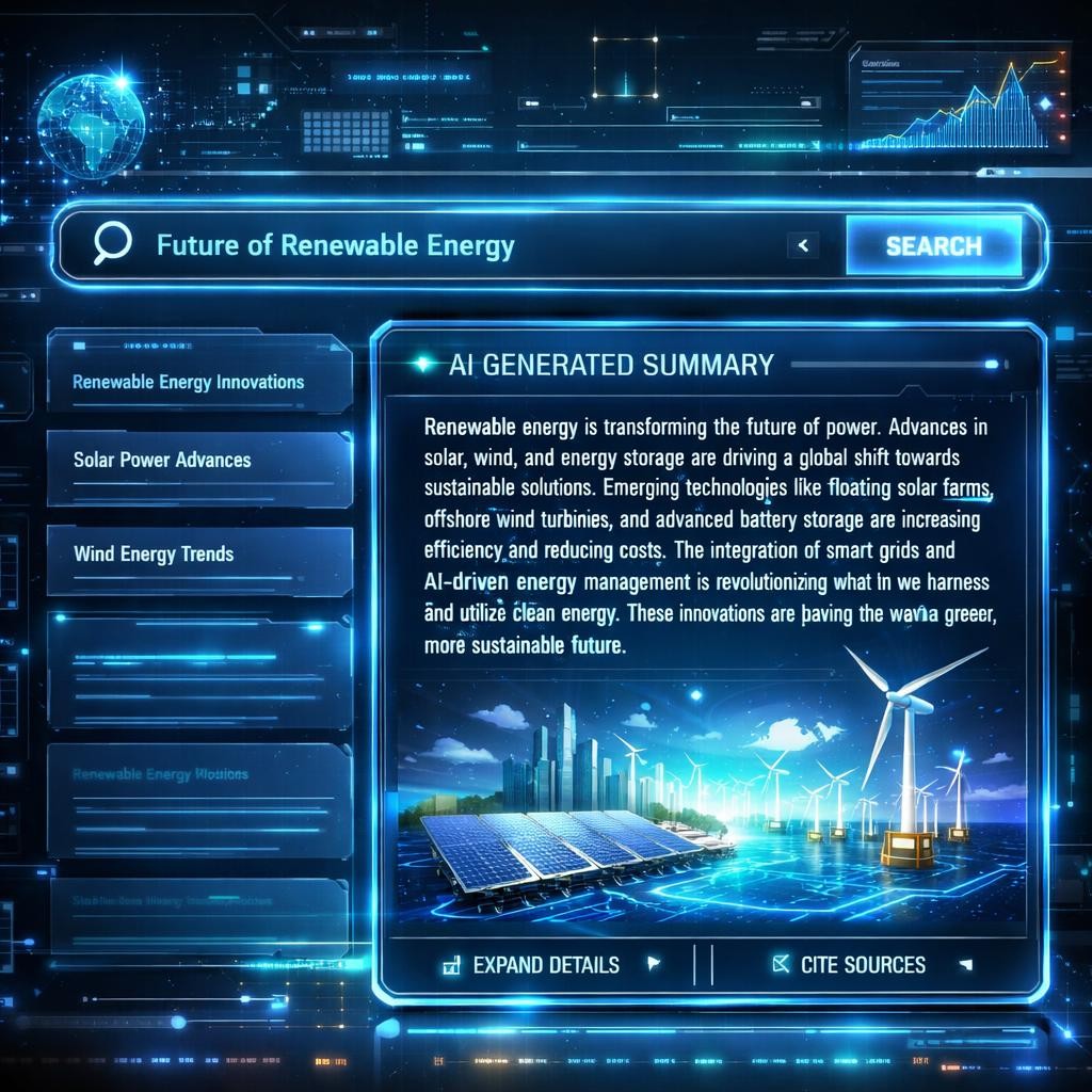AI interface displaying renewable energy summary with solar panels and wind turbines