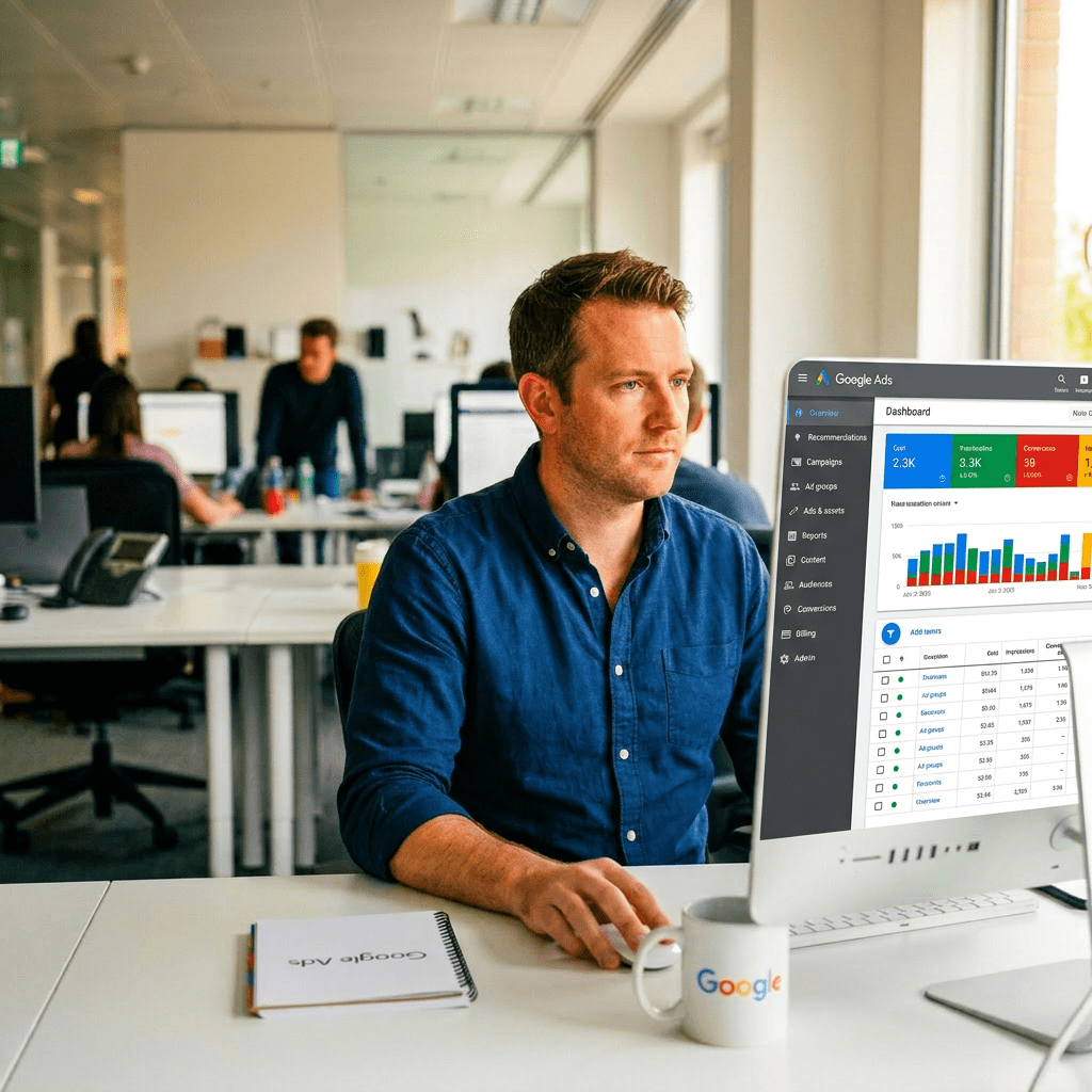 Man analyzing Google Ads dashboard on computer in office
