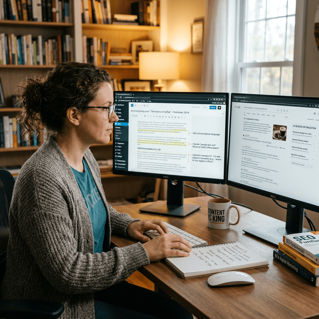 Person typing on keyboard with SEO content and search optimization on dual monitors