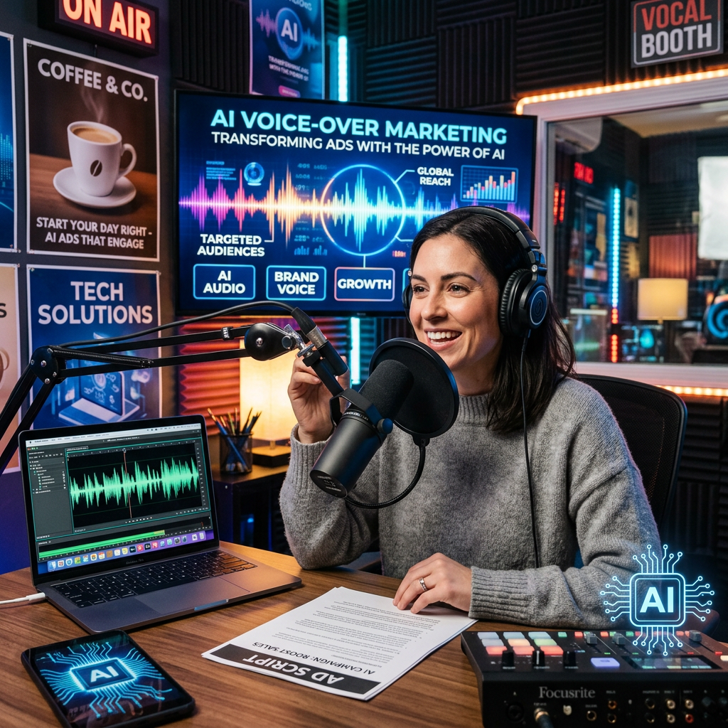 Woman speaking into microphone with headphones in AI voice-over marketing studio