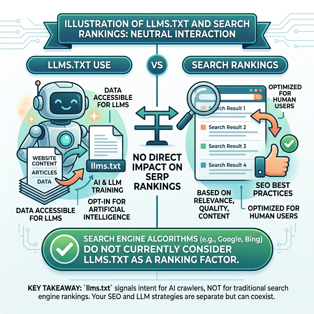 Diagram showing llms.txt usage for AI training versus search rankings optimized for human users