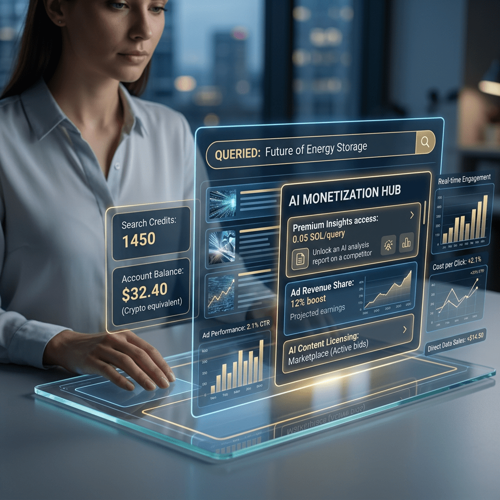 Woman using AI-powered interactive dashboard showing energy storage query results, monetization hub, and analytics graphs