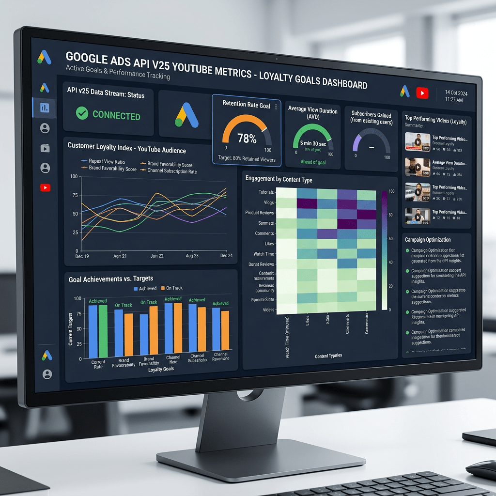 Google Ads API V25 YouTube loyalty goals and performance dashboard with charts and metrics