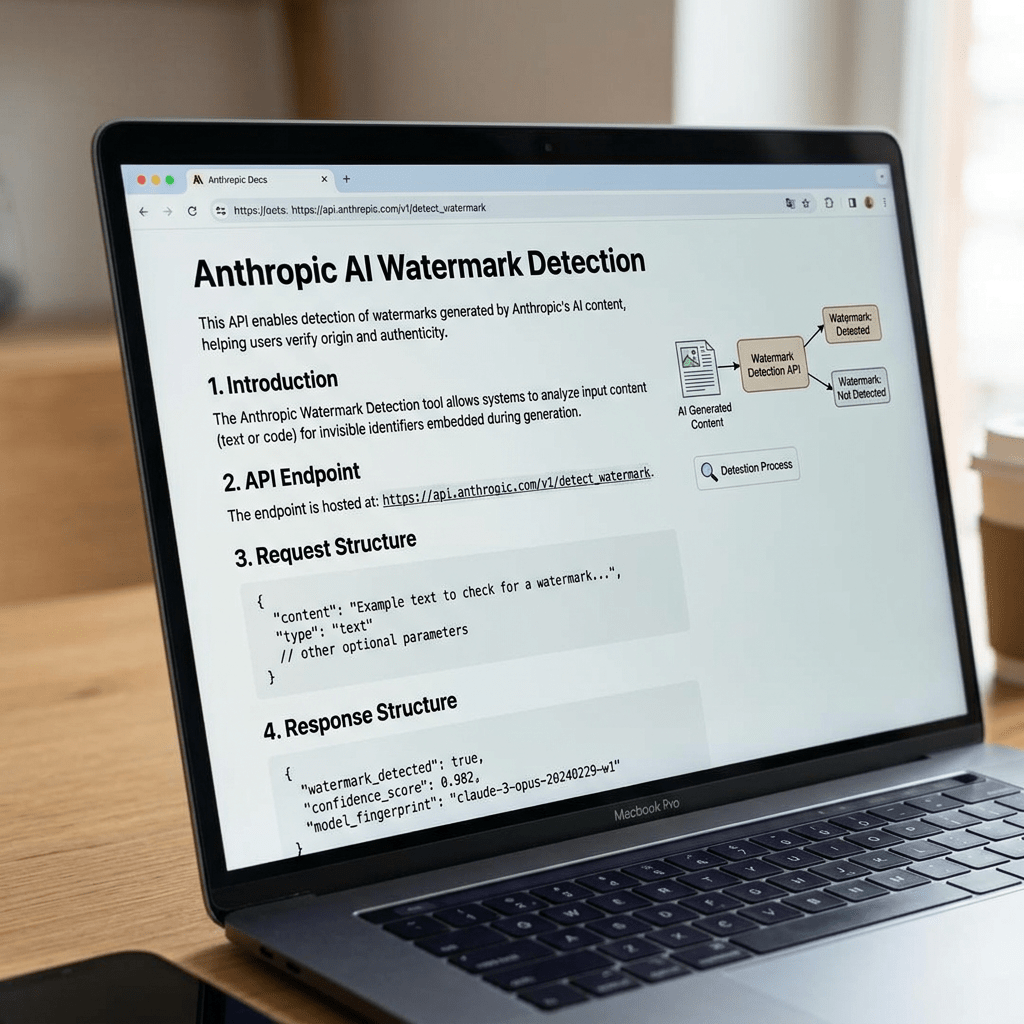 Laptop displaying Anthropic AI Watermark Detection API documentation