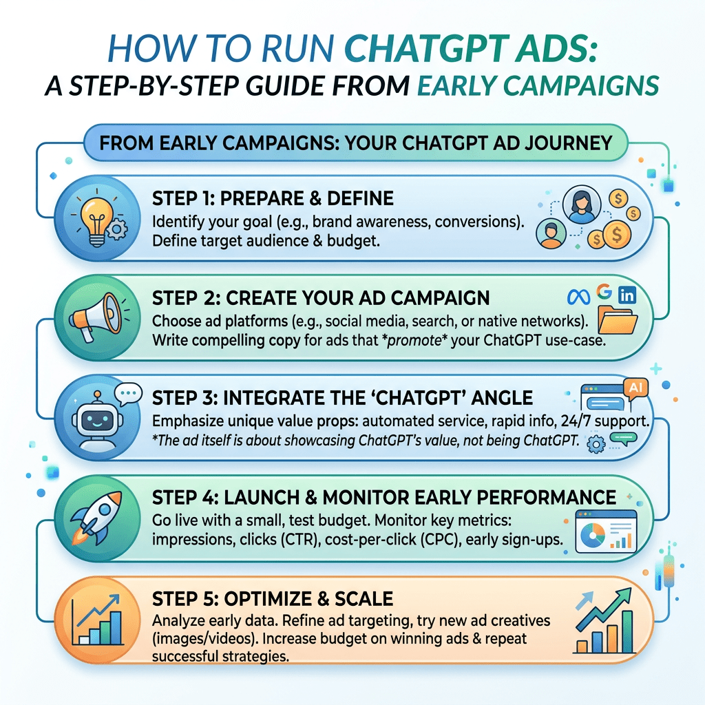 How to Run ChatGPT Ads: A Step-by-Step Guide from Early Campaigns; From Early Campaigns: Your ChatGPT Ad Journey; Step 1: Prepare & Define—Identify your goal (e.g., brand awareness, conversions). Define target audience & budget.; Step 2: Create Your Ad Campaign—Choose ad platforms (e.g., social media, search, or native networks). Write compelling copy for ads that promote your ChatGPT use-case.; Step 3: Integrate the ‘ChatGPT’ Angle—Emphasize unique value props: automated service, rapid info, 24/7 support. The ad itself is about showcasing ChatGPT’s value, not being ChatGPT.; Step 4: Launch & Monitor Early Performance—Go live with a small, test budget. Monitor key metrics: impressions, clicks (CTR), cost-per-click (CPC), early sign-ups.; Step 5: Optimize & Scale—Analyze early data. Refine ad targeting, try new ad creatives (images/videos). Increase budget on winning ads & repeat successful strategies.
