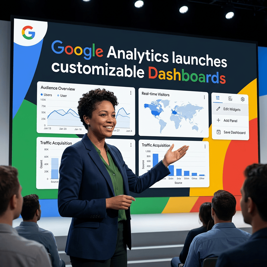 Presenter showing Google Analytics launches customizable Dashboards, Audience Overview, and Traffic Acquisition charts
