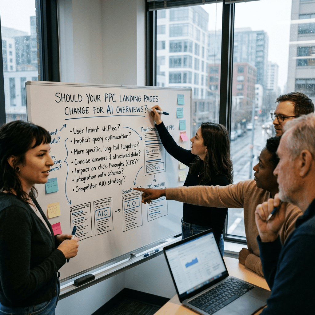 Team discussing whiteboard titled “Should your PPC landing pages change for AI overviews?”